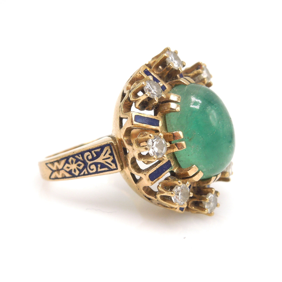 5.00ct Cabochon Emerald Ring - Antique/Victorian - with Enamel and Antique Cut Diamonds