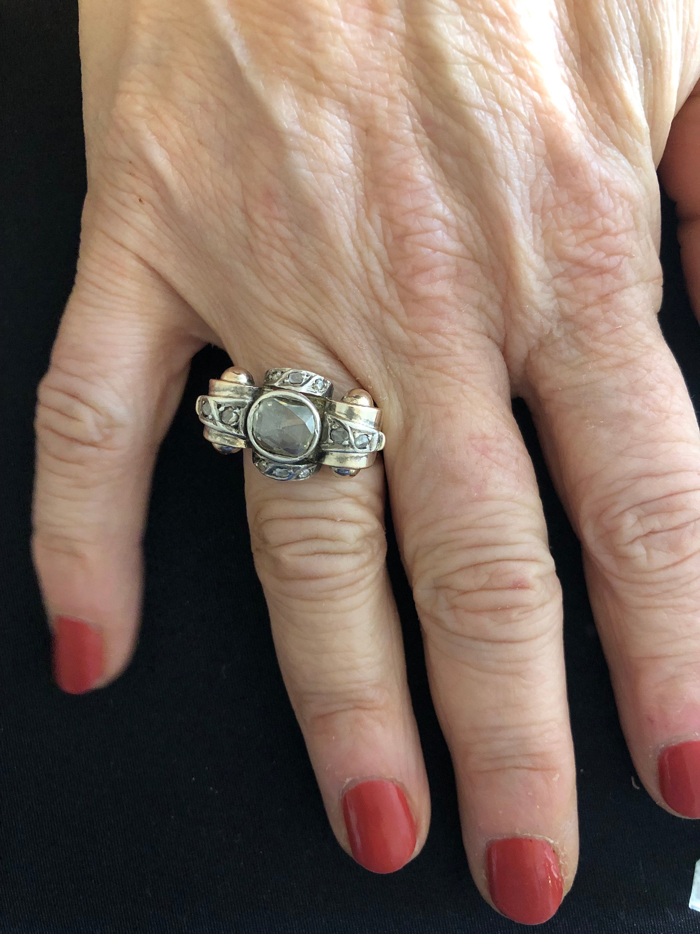 Large Retro Rose Cut Diamond Ring in Gold and Sterling Silver