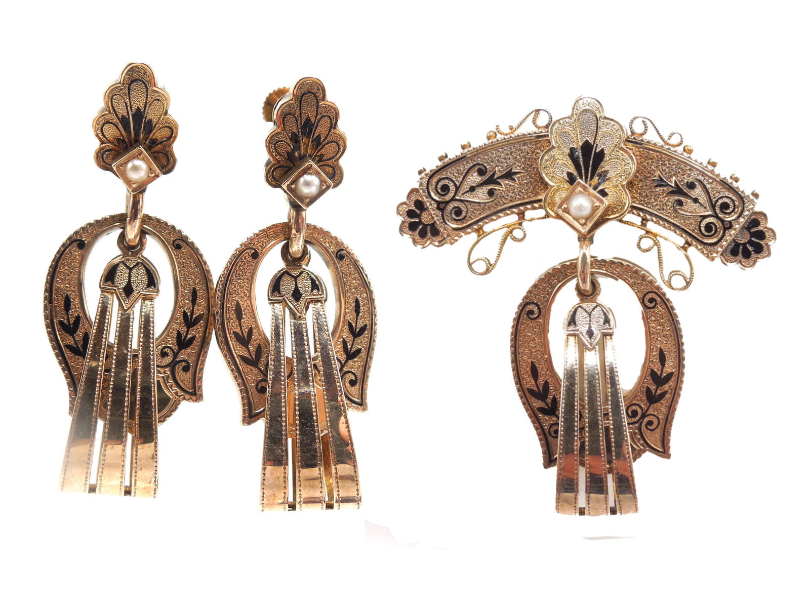 Antique Victorian Yellow Gold and Enamel Screwback Earring and Brooch Set