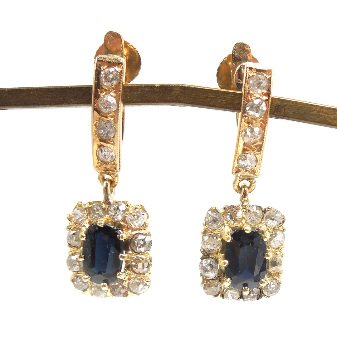 Vintage  Sapphire and Diamond Drop Earrings in 14K Yellow Gold