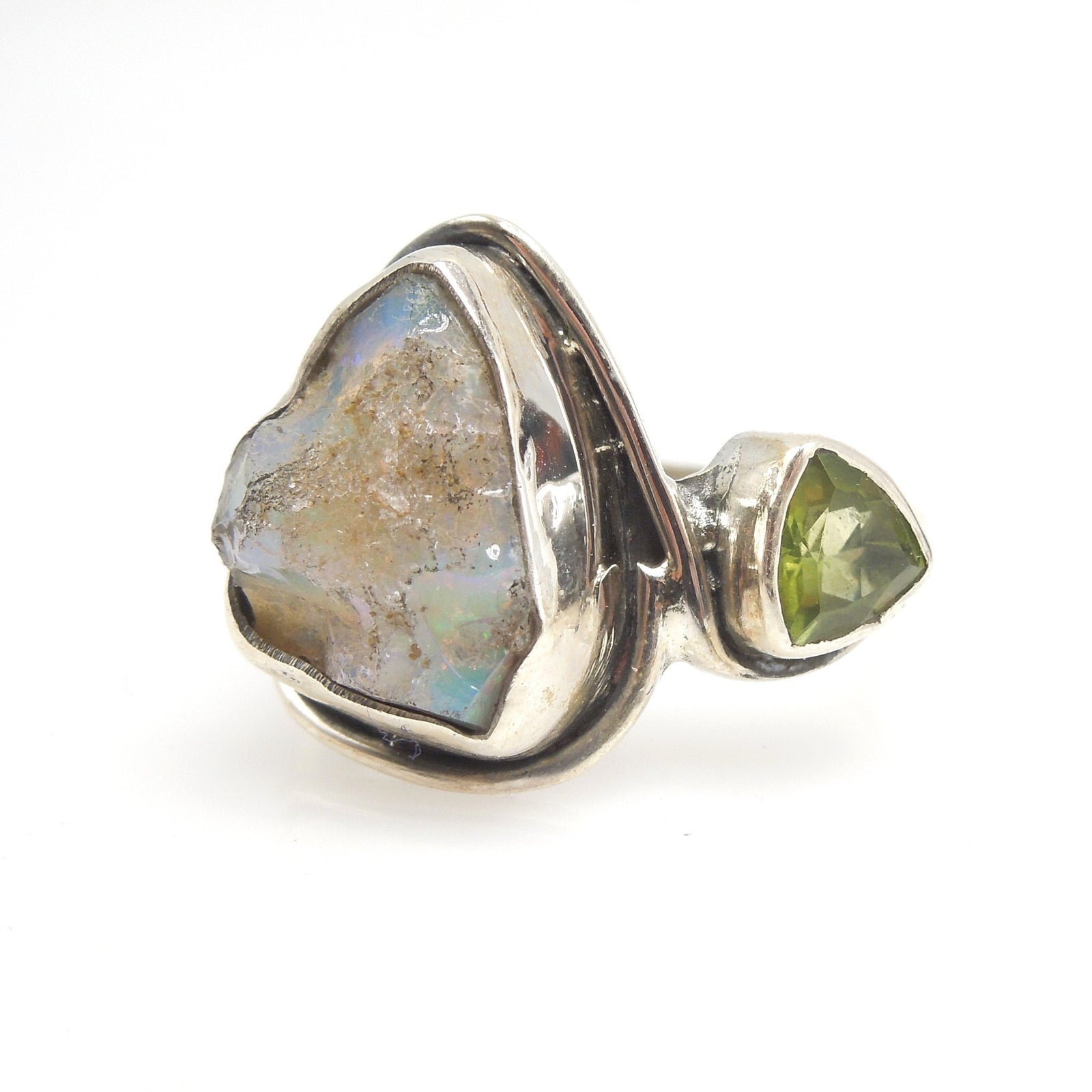 Ethiopian Opal Rough and Peridot Ring in Sterling Silver