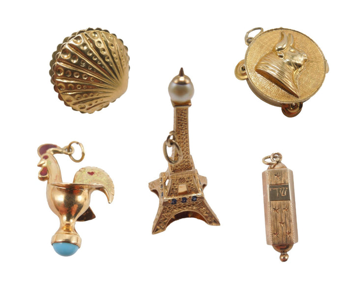 Lot of 5 14K Gold Charms for Charm Bracelet - Eiffel Tower, Mezuzah, Rooster, Tamborine, Oyster with Pearl