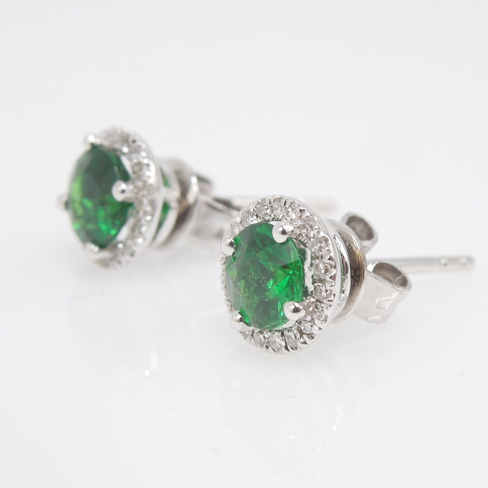 Green Tsavorite Garnet and Diamond Halo Stud Earrings