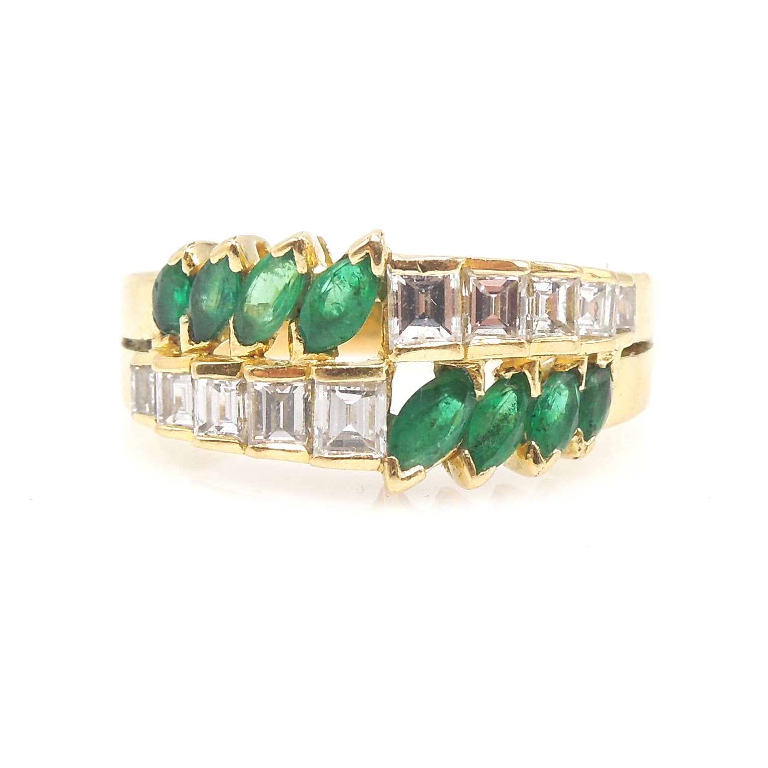 Marquise Cut Emerald and Emerald Cut Diamond Ring in 18K Yellow Gold