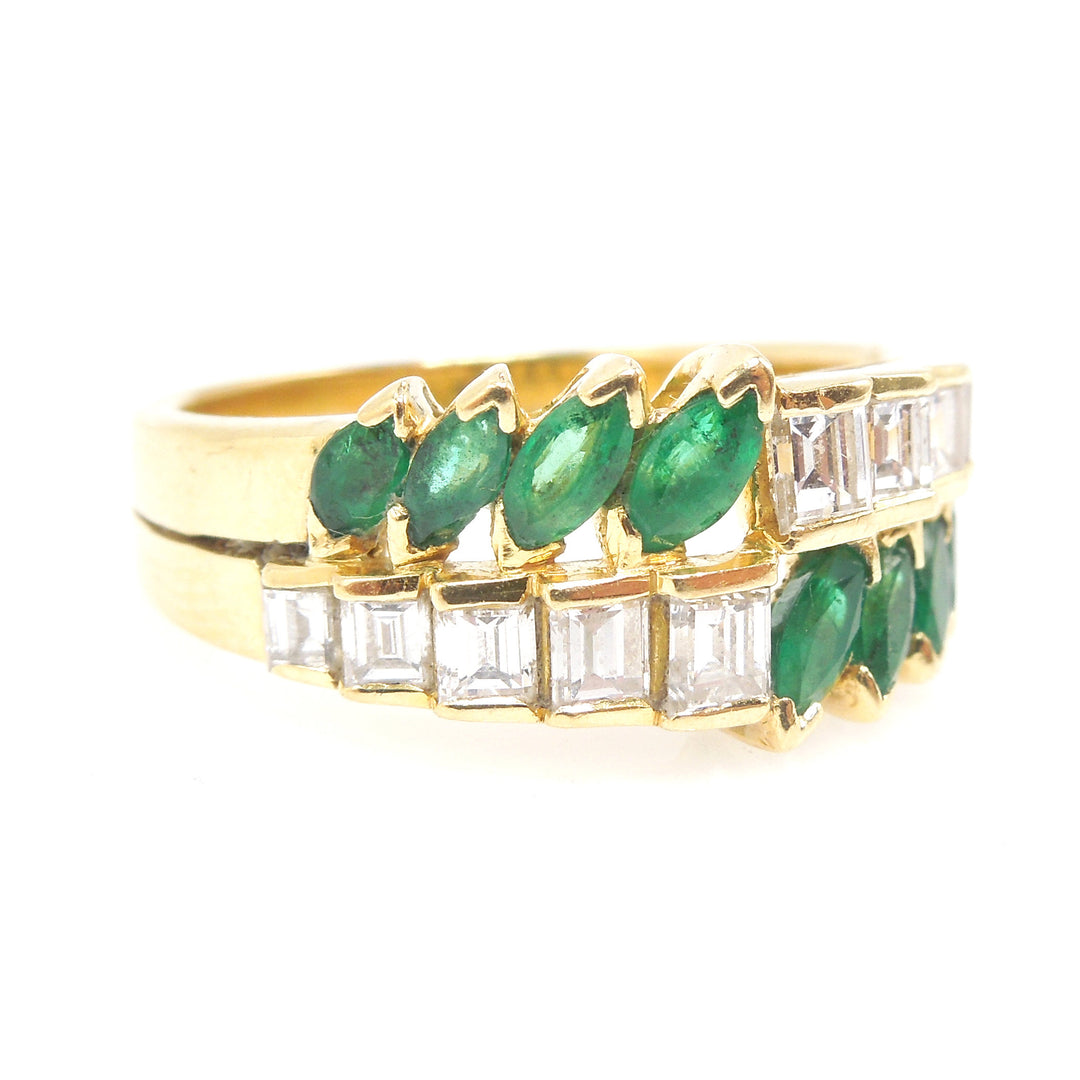 Marquise Cut Emerald and Emerald Cut Diamond Ring in 18K Yellow Gold