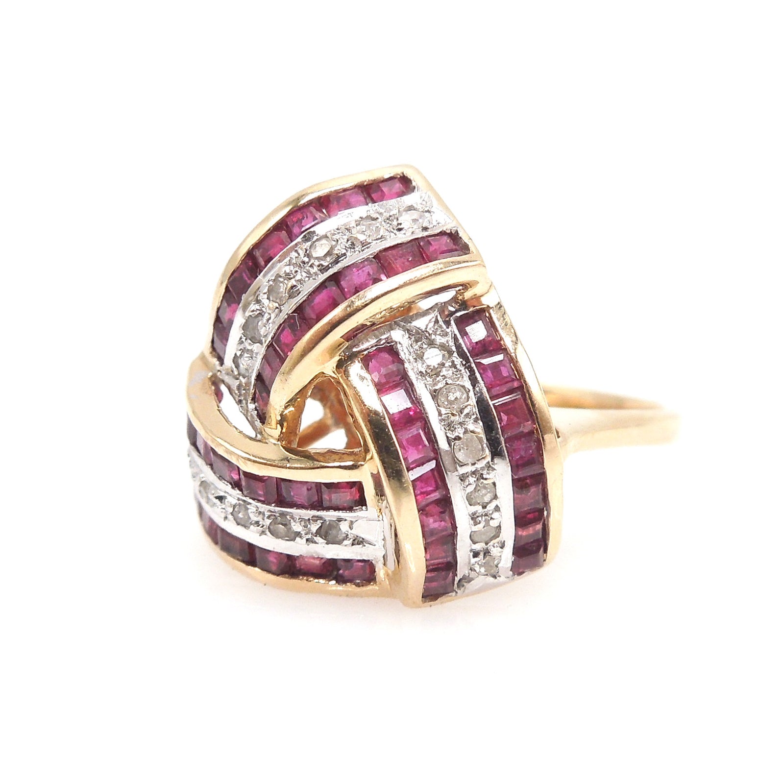 Large Ruby and Diamond Infinity Swirl Ring in Yellow Gold