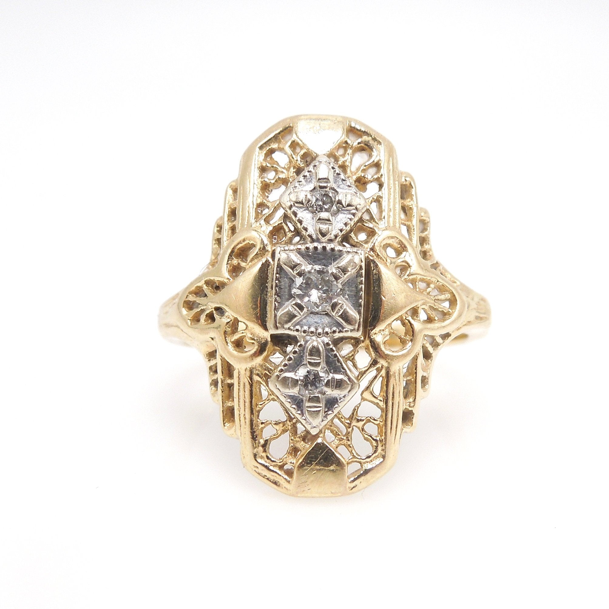 14K Yellow and White Gold Filigree Ring with Diamonds – A.J.