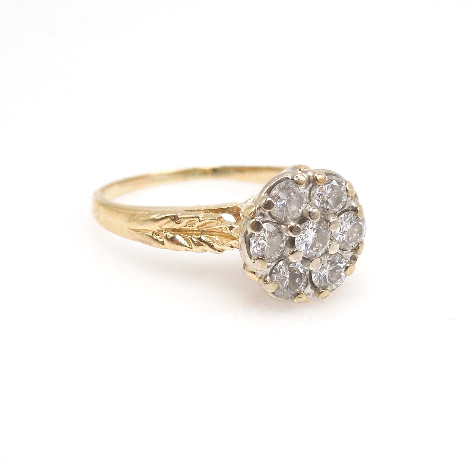 14K Yellow Gold Engraved Ring with Diamond Cluster Plate