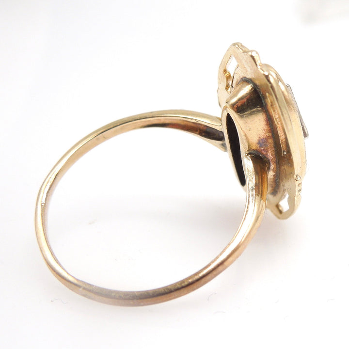 Oval Onyx (with white gold and diamond) in Filigreed Yellow Gold Mounting