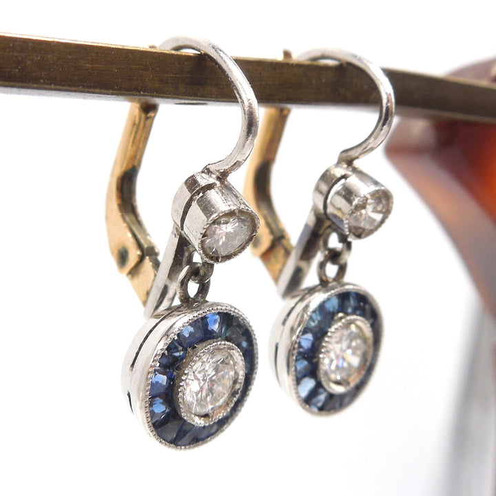 Edwardian Diamond and Sapphire Halo Earrings in Platinum and 18K Yellow Gold