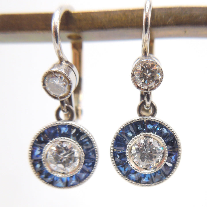 Edwardian Diamond and Sapphire Halo Earrings in Platinum and 18K Yellow Gold