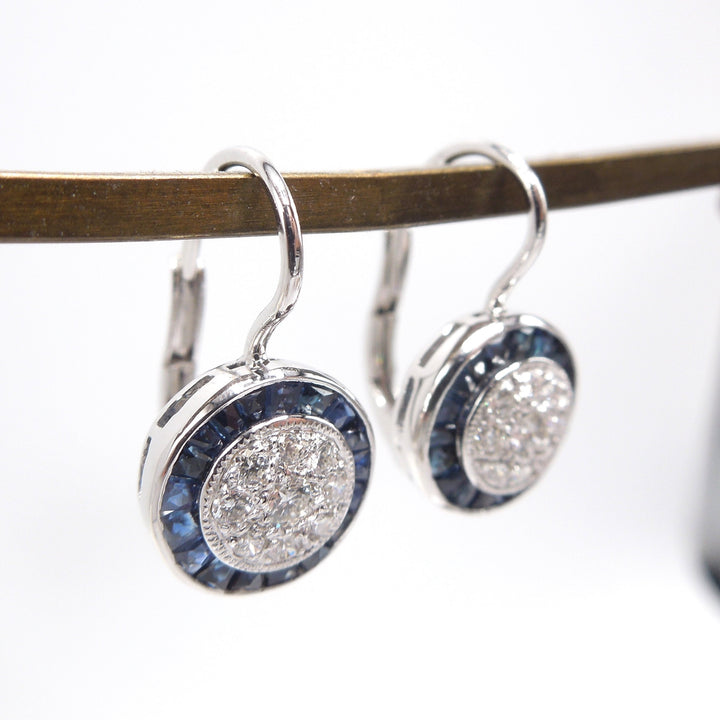 Art Deco Style Diamond Cluster and Sapphire Halo Lever Back Drop Earrings