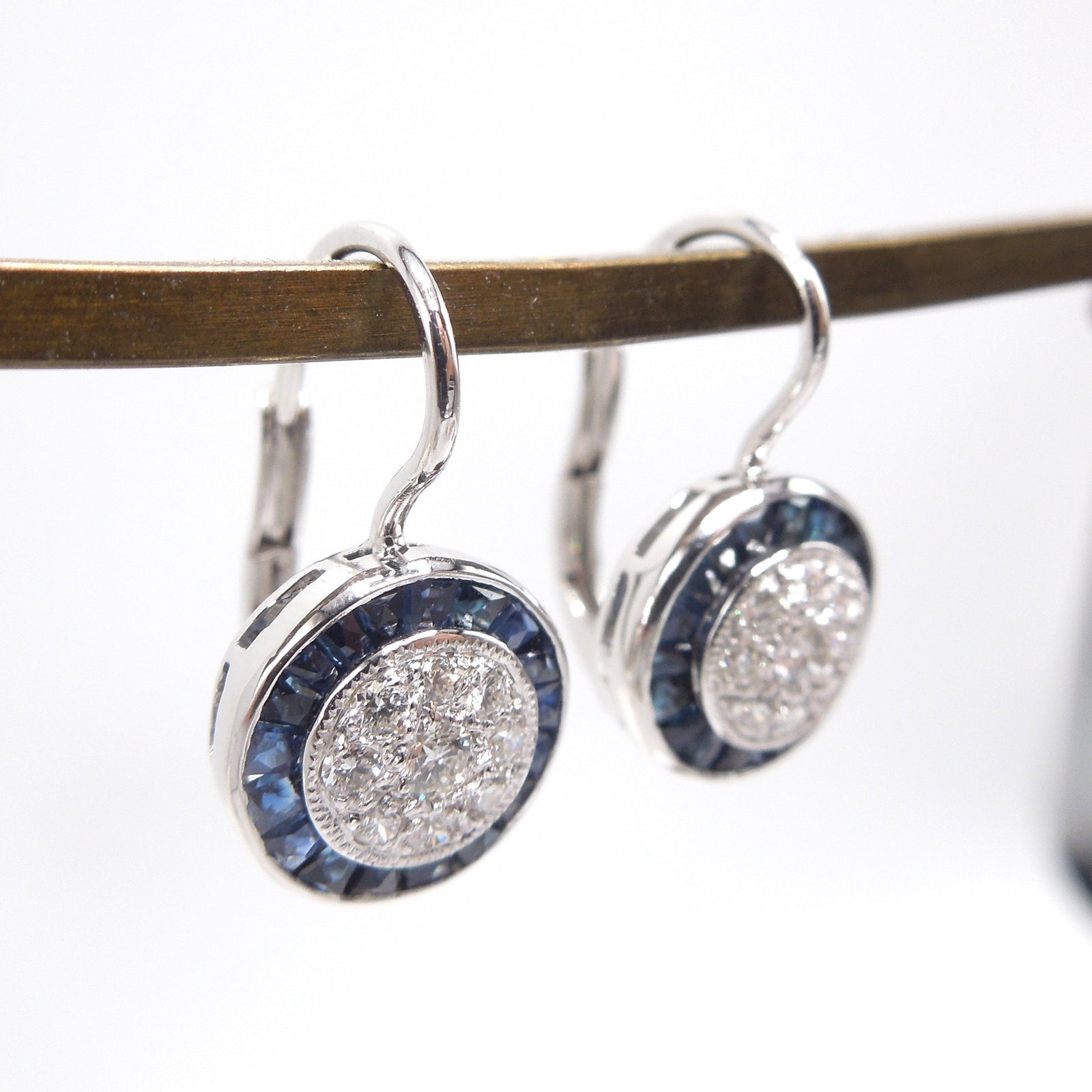 Art Deco Style Diamond Cluster and Sapphire Halo Lever Back Drop Earrings