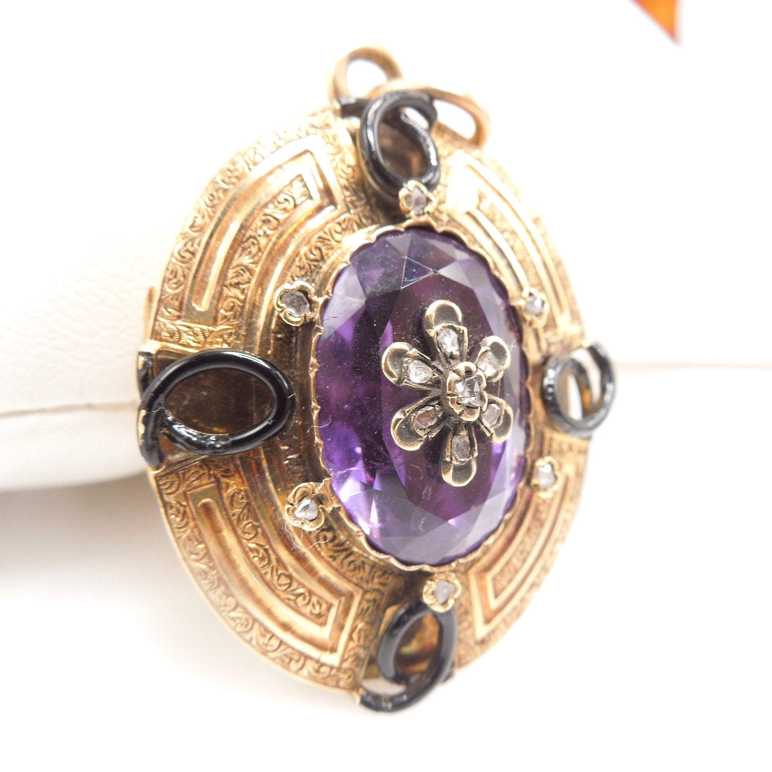 Victorian Amethyst, Enamel, and Diamond Locket in 18K Yellow Gold