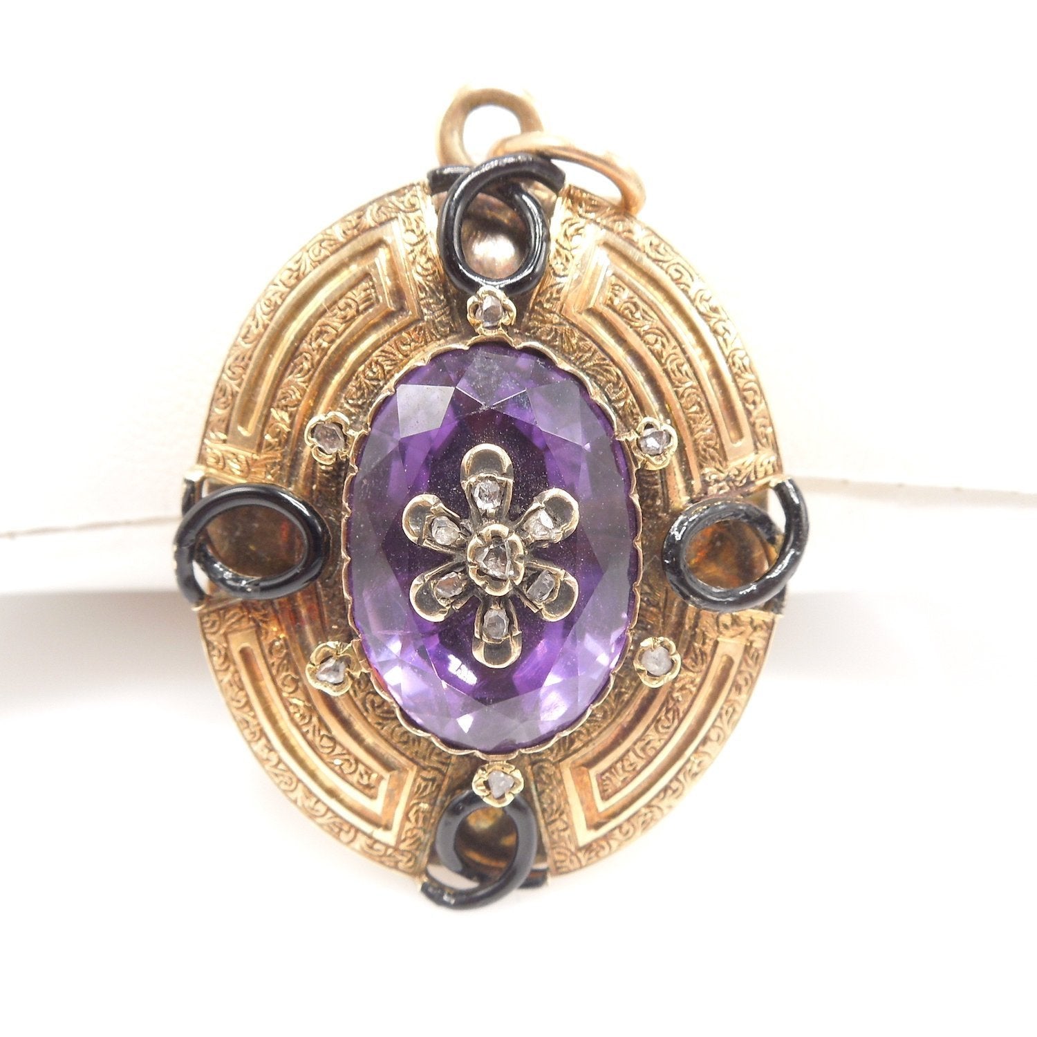 Victorian Amethyst, Enamel, and Diamond Locket in 18K Yellow Gold