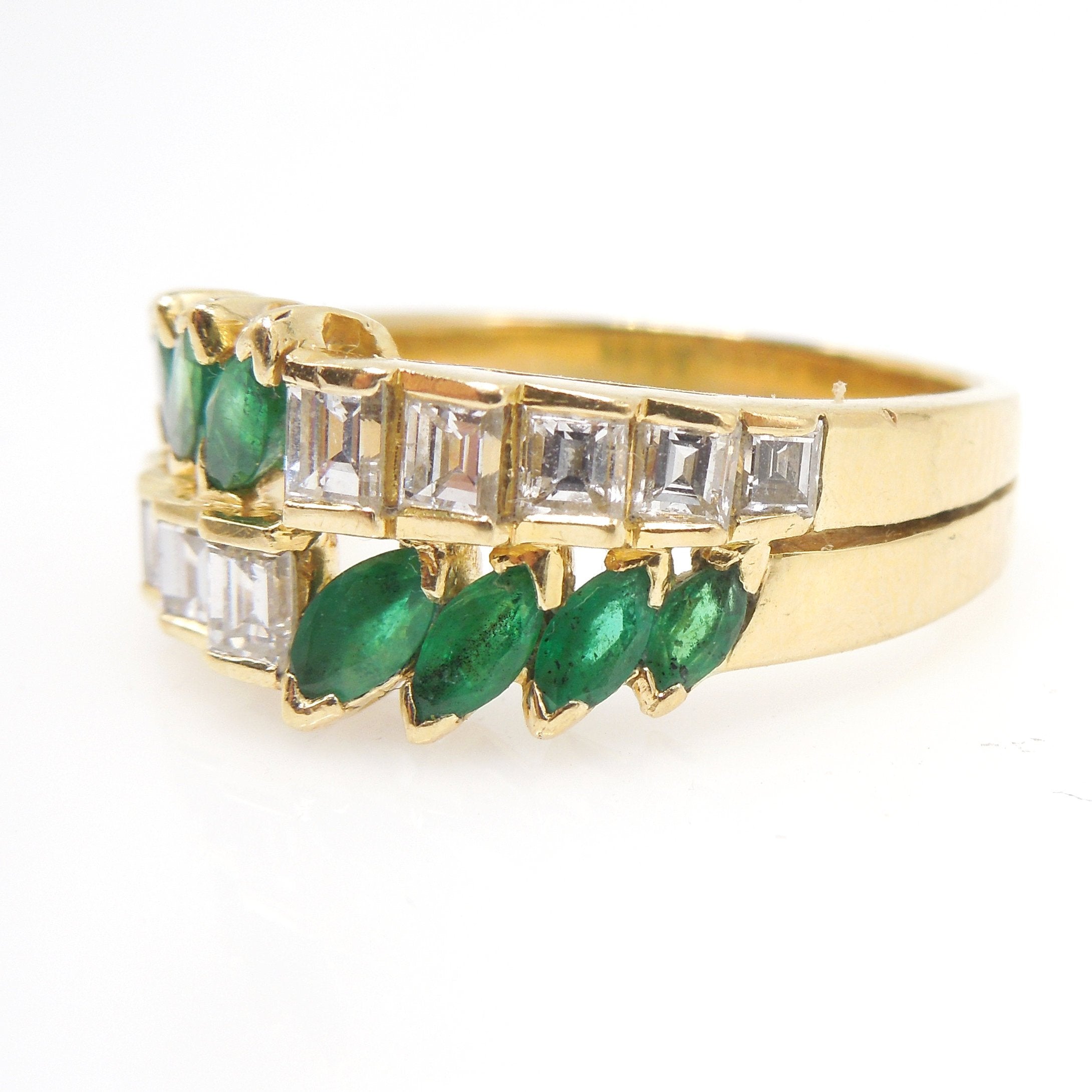 Marquise Cut Emerald and Emerald Cut Diamond Ring in 18K Yellow Gold