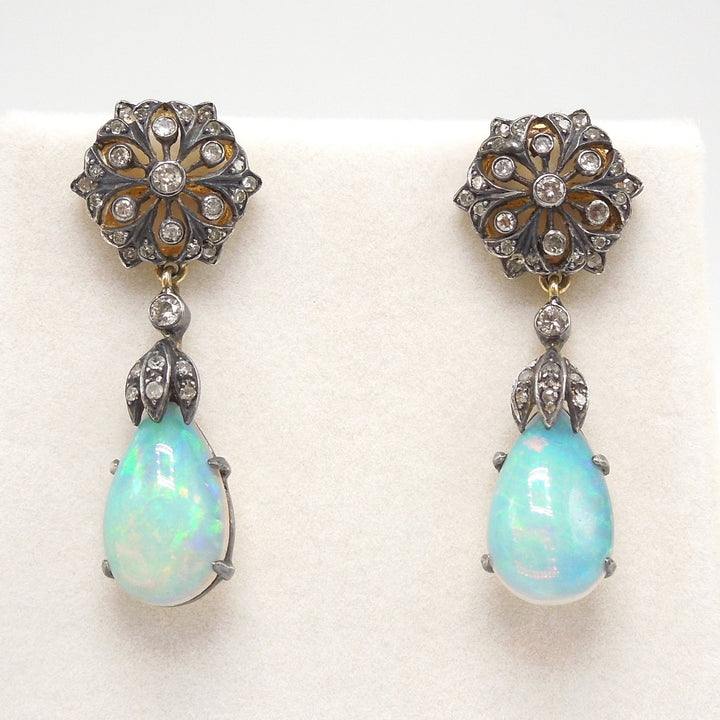 Antique Edwardian Sterling Silver and 18K Yellow Gold Diamond and Natural Opal Drop Earrings
