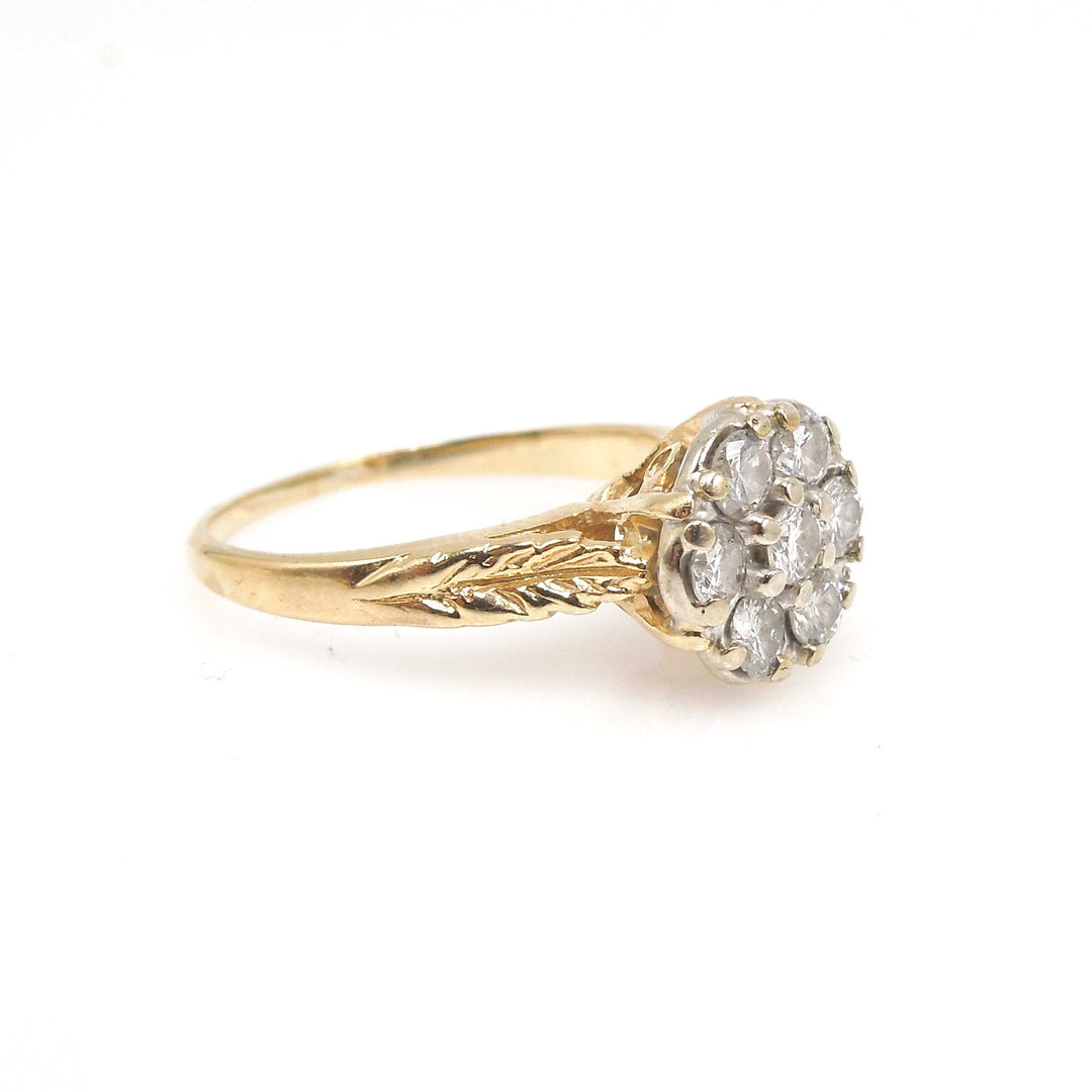 14K Yellow Gold Engraved Ring with Diamond Cluster Plate