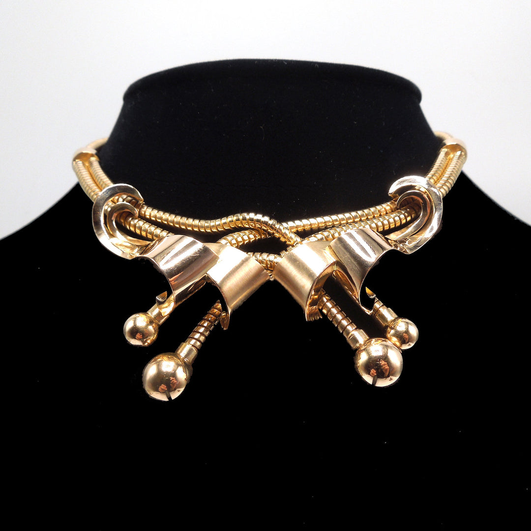 Vintage Retro 18K Yellow Gold Snake Chain Crossover Necklace