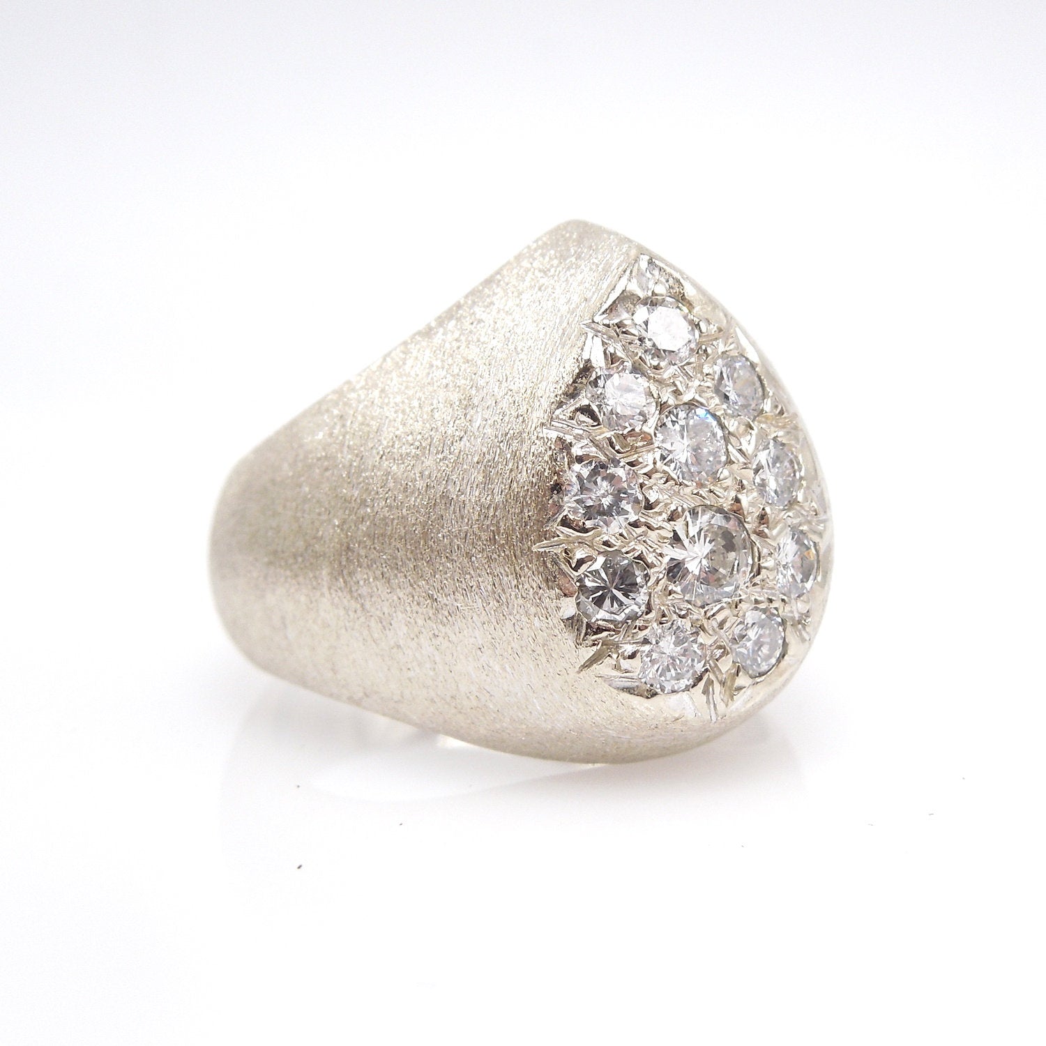 Midcentury Brushed White Gold Ring with Pear Shaped Diamond Cluster