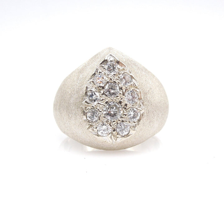 Midcentury Brushed White Gold Ring with Pear Shaped Diamond Cluster
