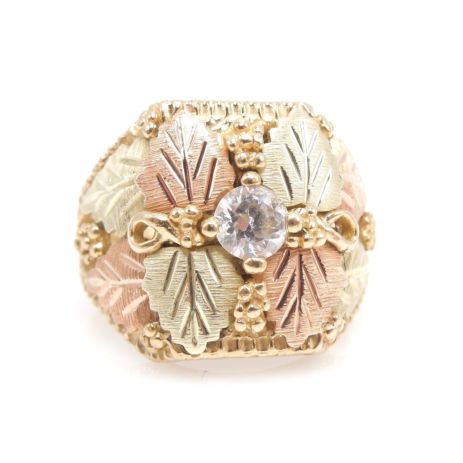 Super-wide Black Hills Gold Gents Ring with Diamond Simulant