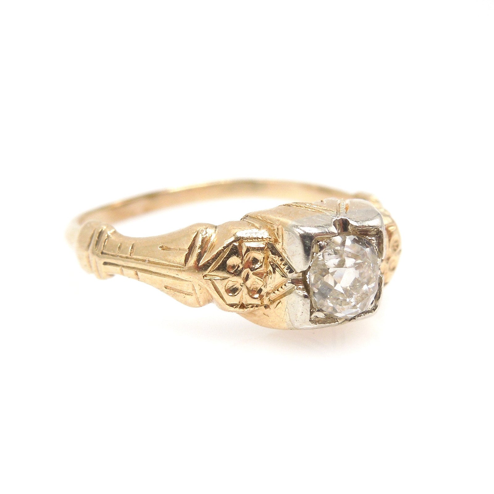 Quarter Carat Old Mine Cut Diamond Engagement Ring in Bicolor Gold