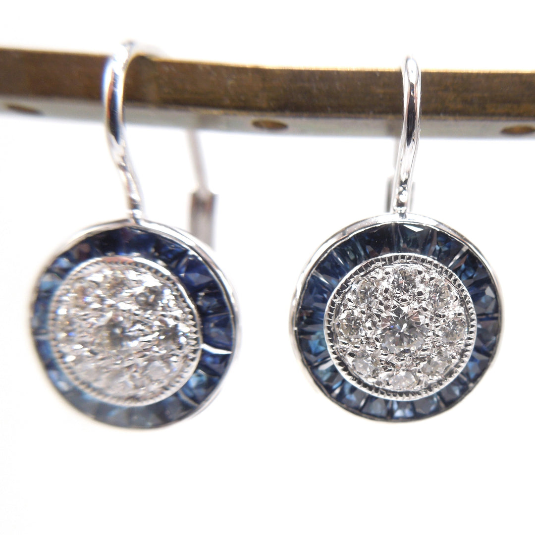 Art Deco Style Diamond Cluster and Sapphire Halo Lever Back Drop Earrings