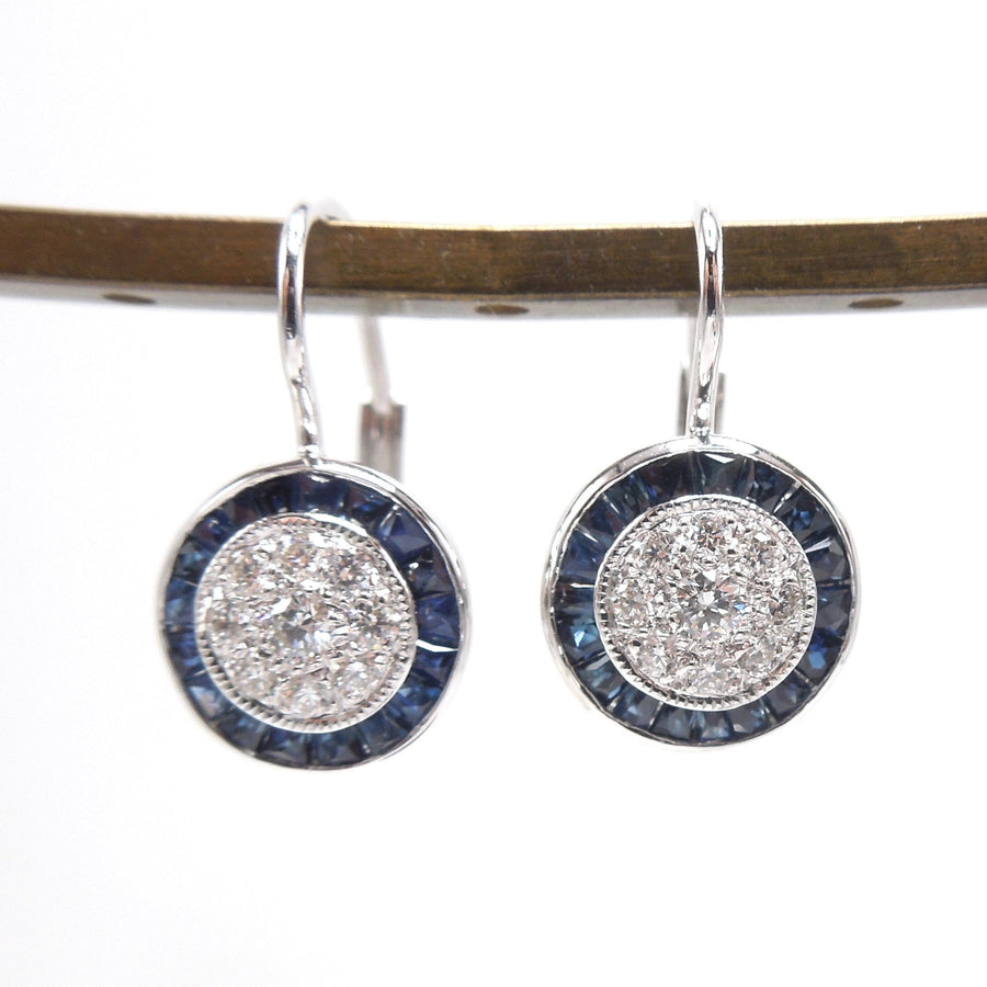 Art Deco Style Diamond Cluster and Sapphire Halo Lever Back Drop Earrings
