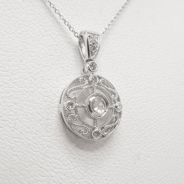 Art Deco Style Rose Cut Diamond Round Filigree Necklace and Pendant