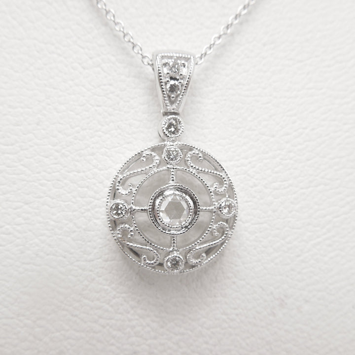 Art Deco Style Rose Cut Diamond Round Filigree Necklace and Pendant
