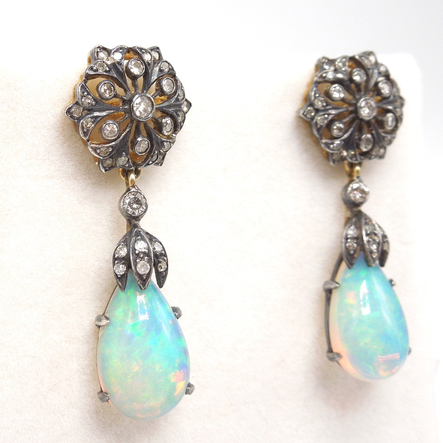 Antique Edwardian Sterling Silver and 18K Yellow Gold Diamond and Natural Opal Drop Earrings