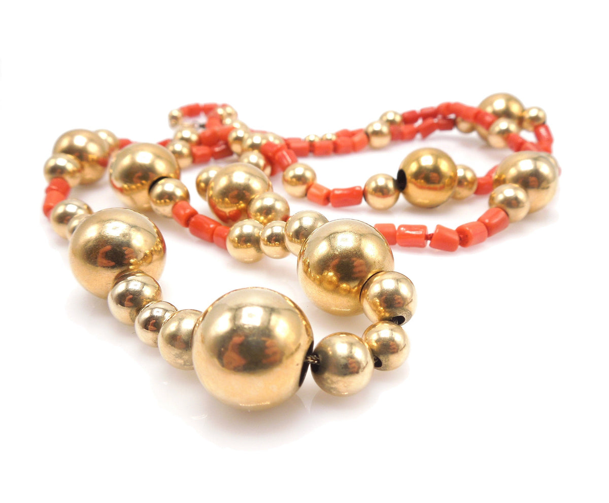 Vintage 14K Yellow Gold and Coral Bead Necklace - 36-inch Long Single Strand