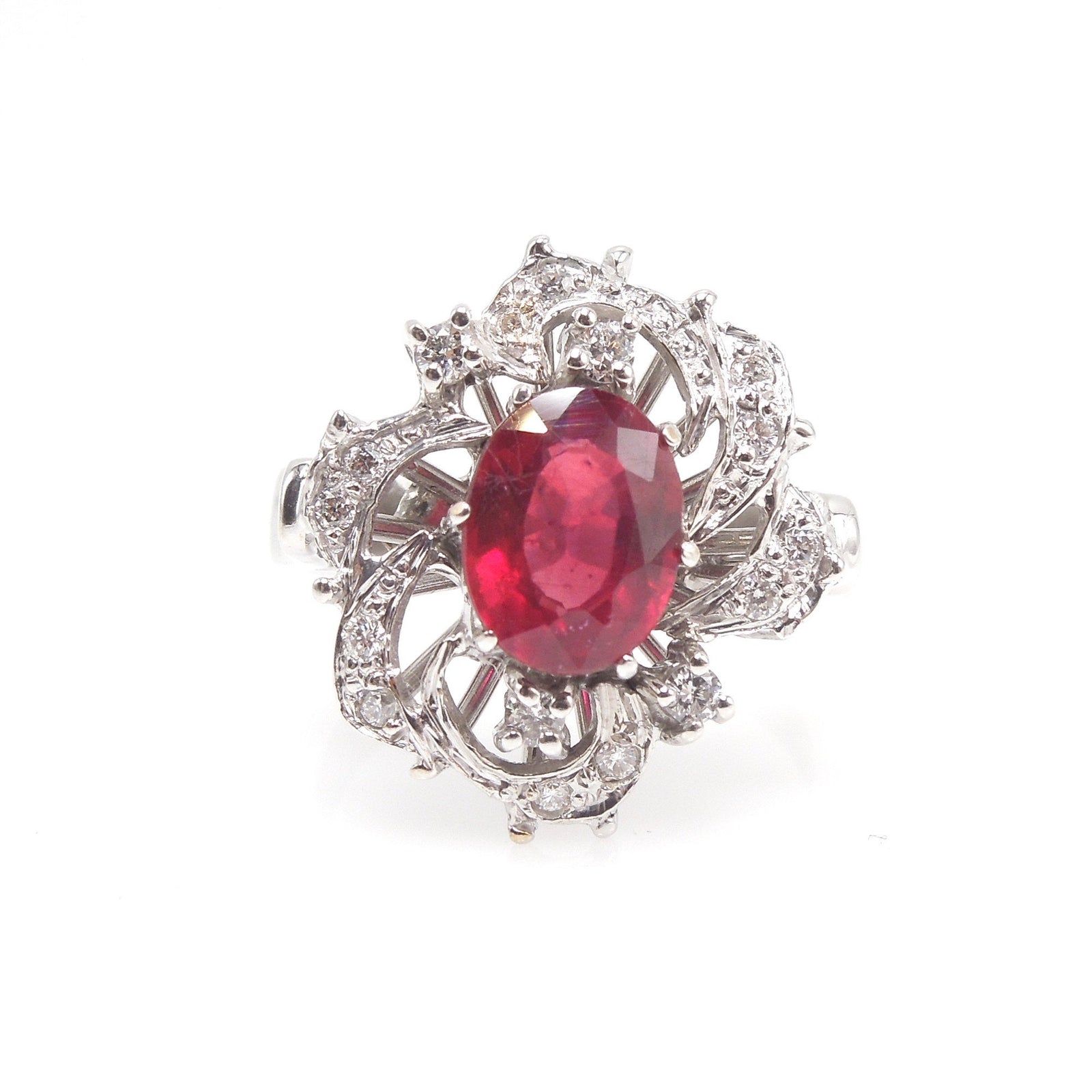 Vintage 1.2ct Ruby and Diamond Cocktail Ring in 18K White Gold