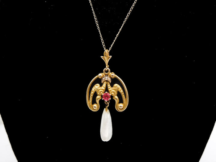 14K Yellow Gold Art Nouveau/Late Victorian Pearl and Red Stone Necklace