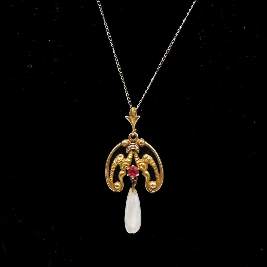 14K Yellow Gold Art Nouveau/Late Victorian Pearl and Red Stone Necklace