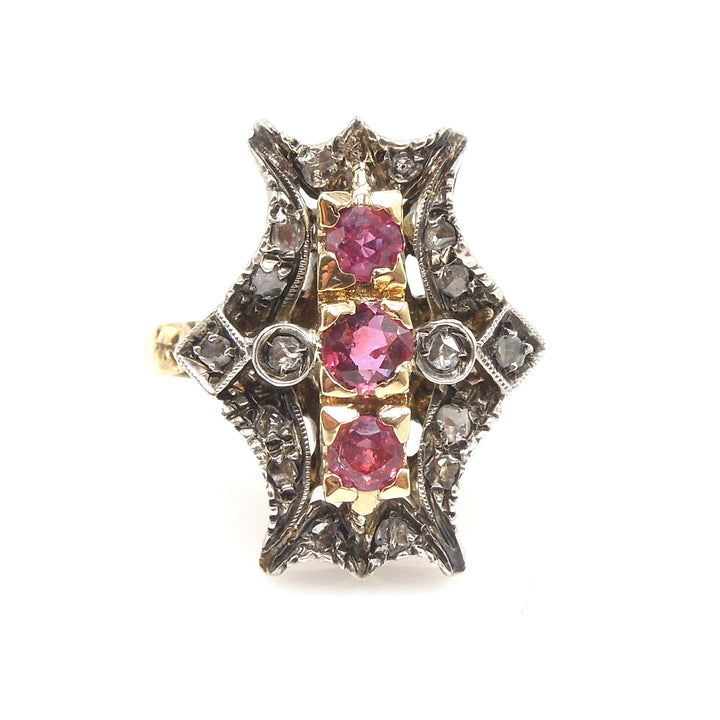 Georgian Style Ring - 18K Yellow Gold and Sterling Silver with Rubies and Rose Cut Diamonds