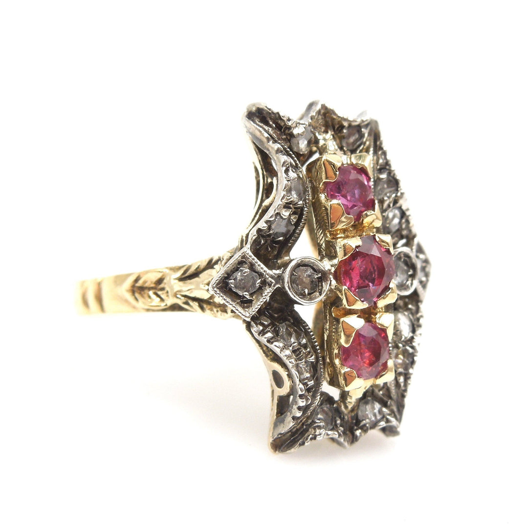 Georgian Style Ring - 18K Yellow Gold and Sterling Silver with Rubies and Rose Cut Diamonds