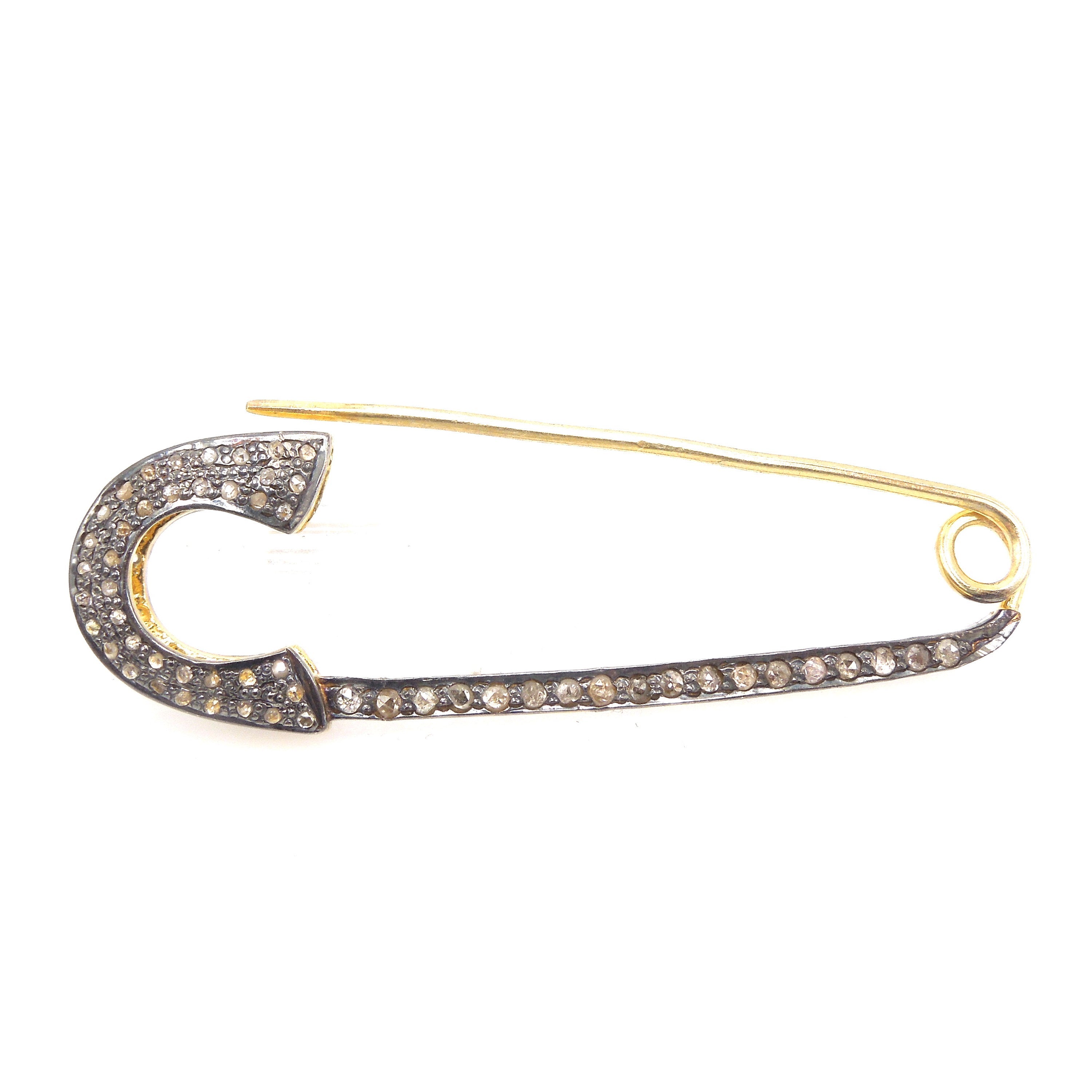 Large Vermeil and Oxidized Sterling Silver Diamond Safety Pin