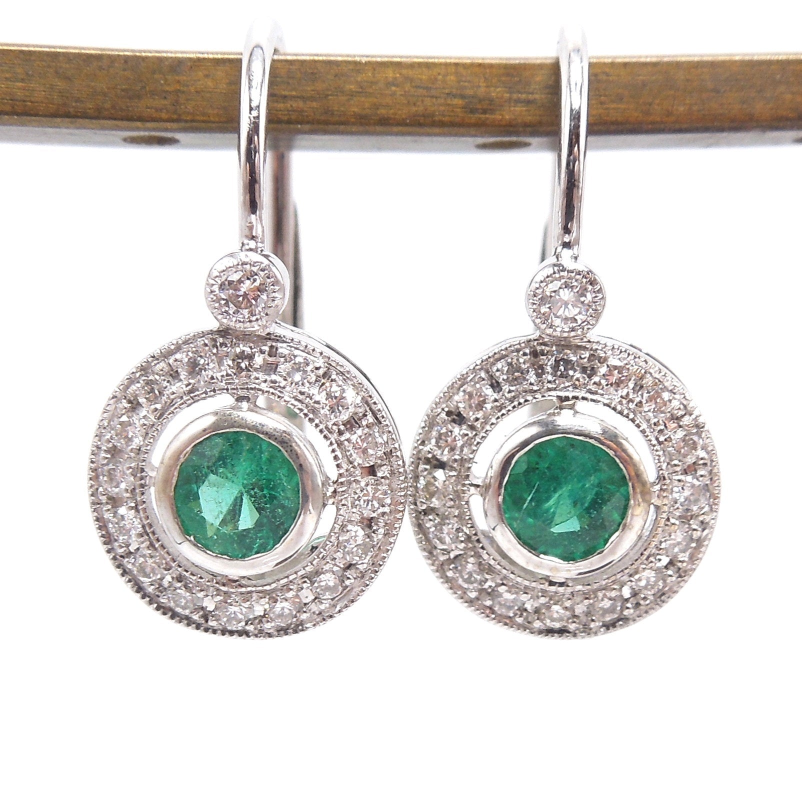 14K White Gold Emerald and Diamond Halo Lever Back Drop Earrings