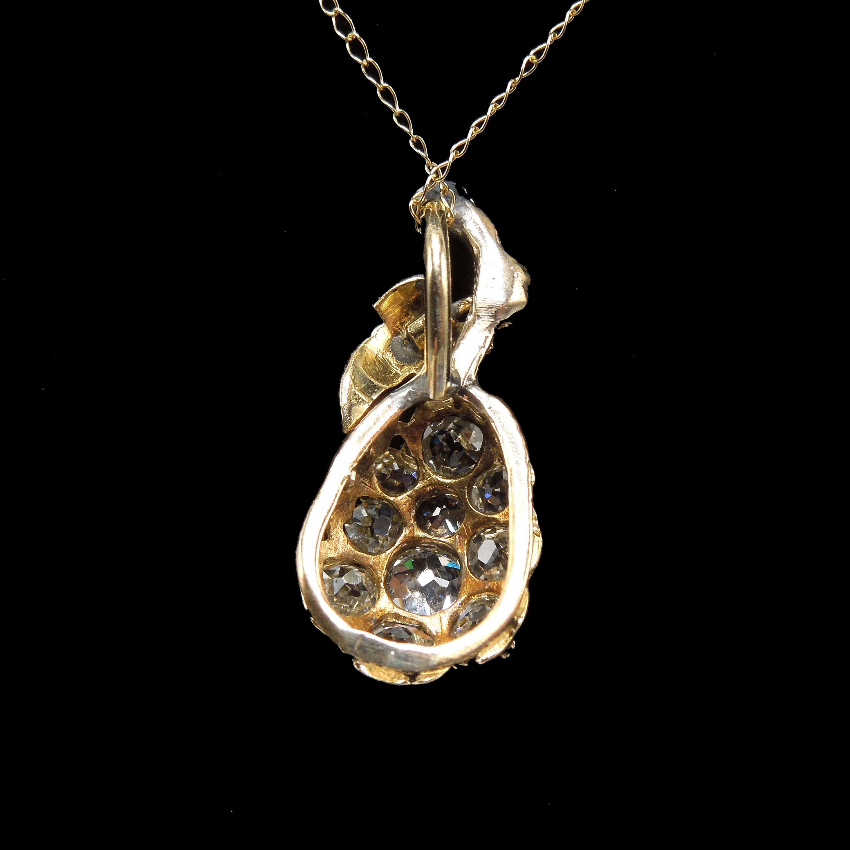Antique Victorian Yellow Gold and Enamel Pear Pendant with Old Mine Cut Diamonds