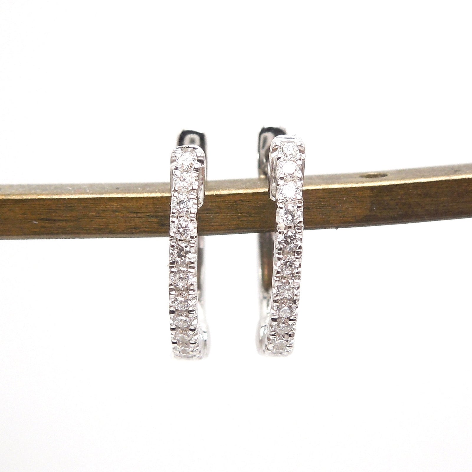 14K White Gold and Diamond Huggies - Petite Hoop Earrings