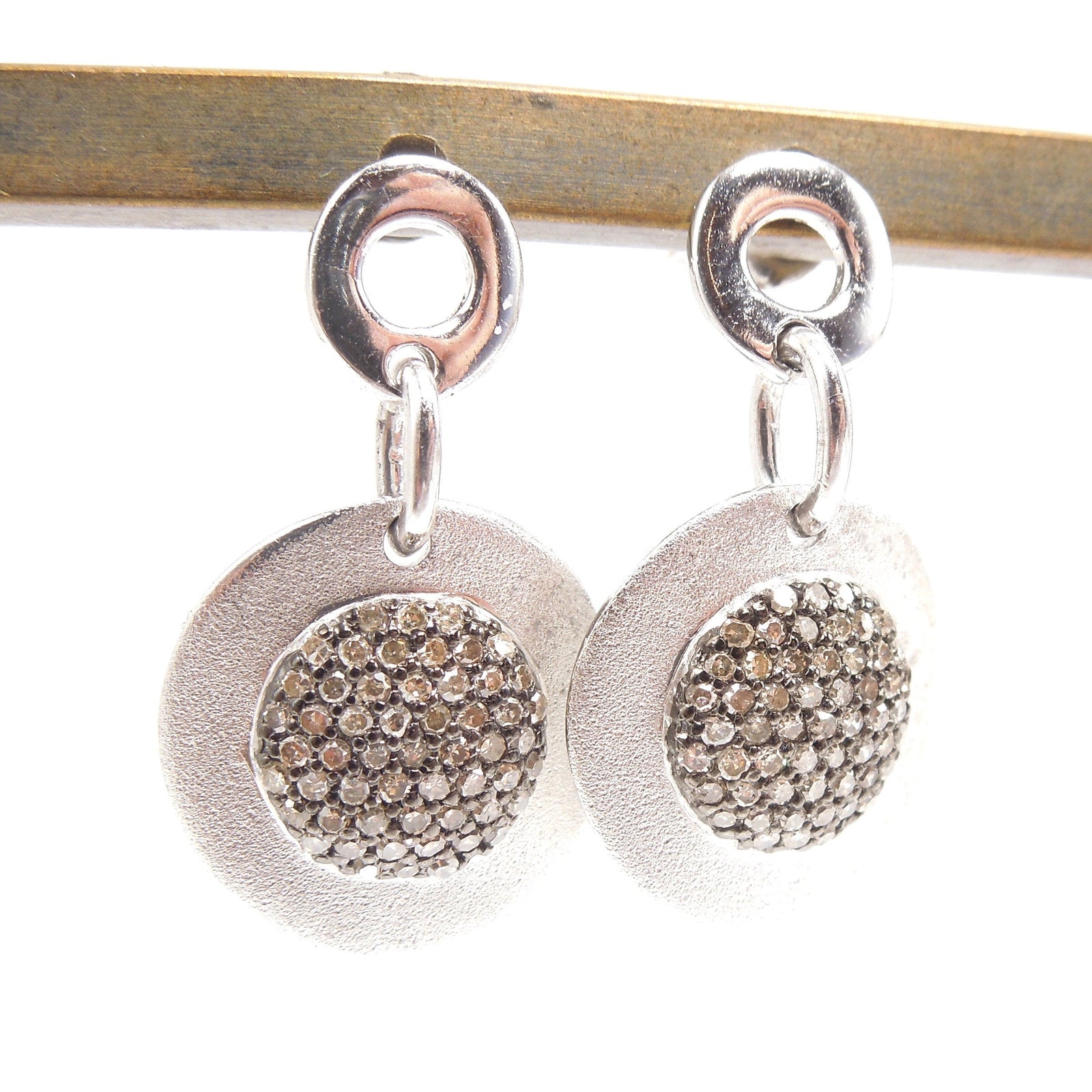 Matte Finished Sterling Silver Disc Earrings with Brown Diamonds