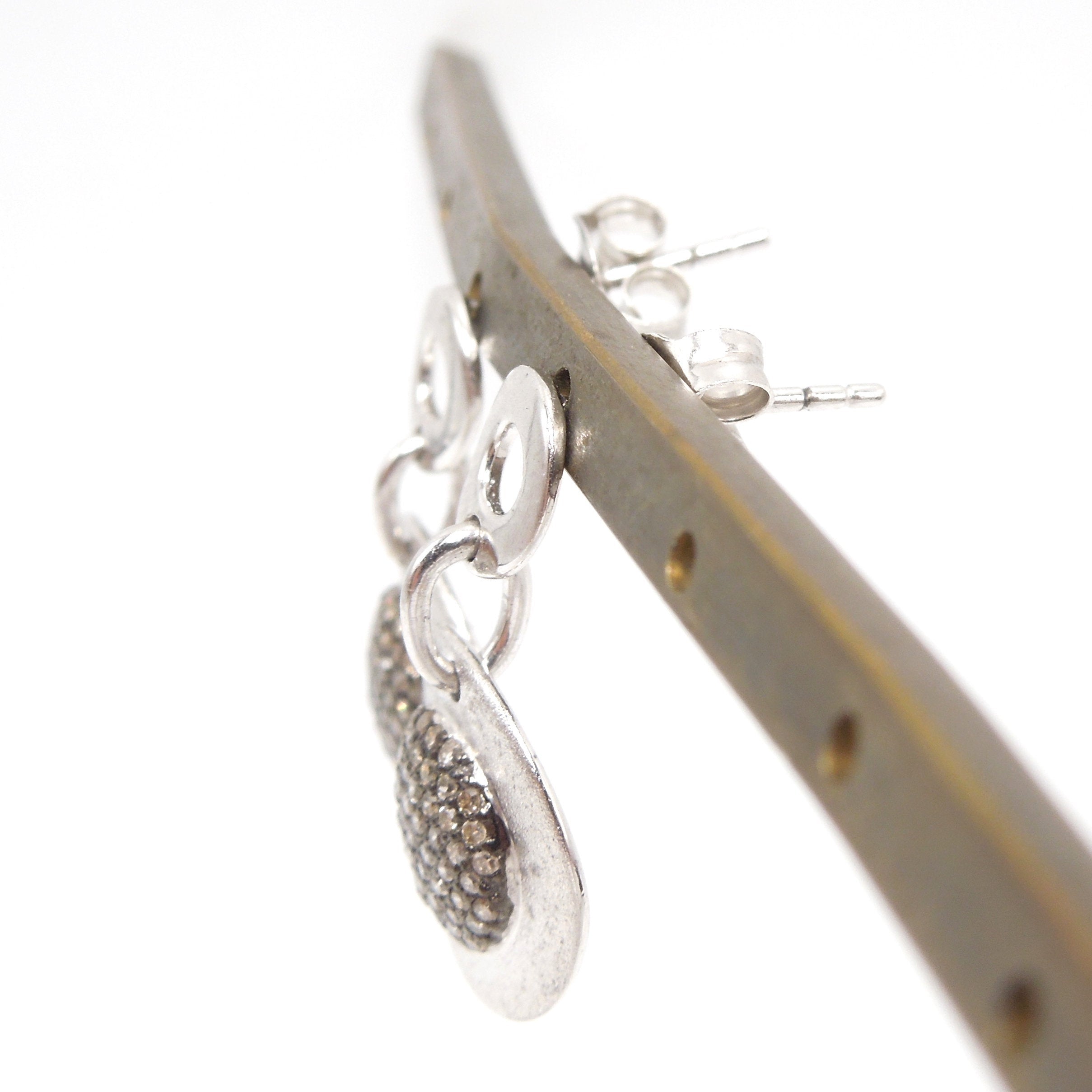 Matte Finished Sterling Silver Disc Earrings with Brown Diamonds