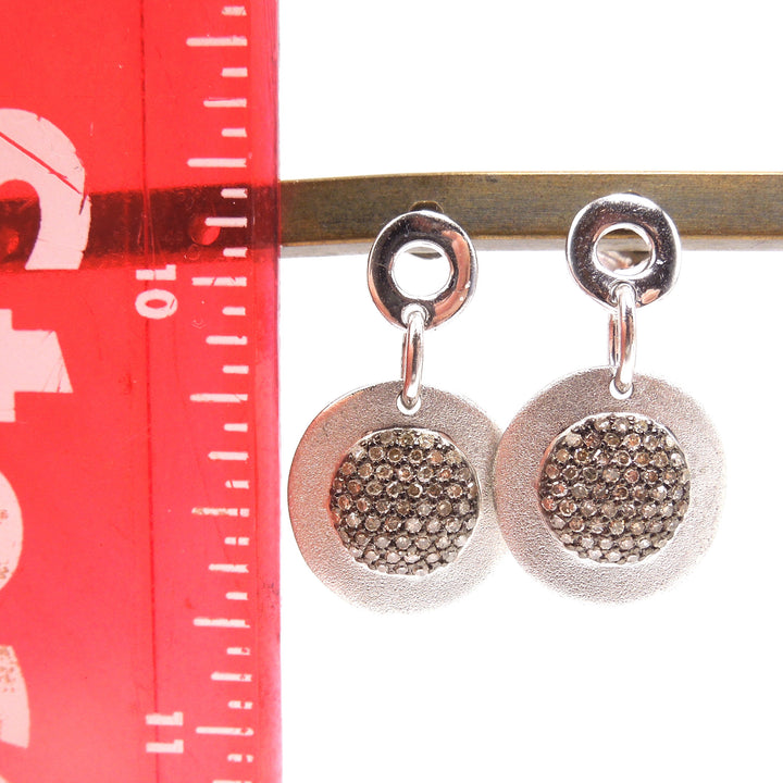 Matte Finished Sterling Silver Disc Earrings with Brown Diamonds