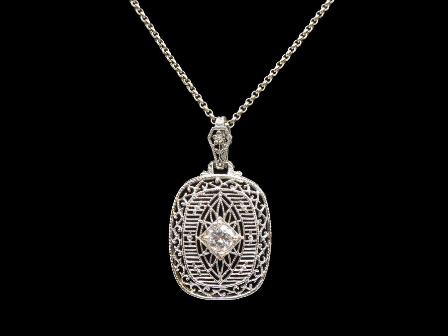 Art Deco White Gold and Quarter Carat Diamond Filigree Pendant Necklace