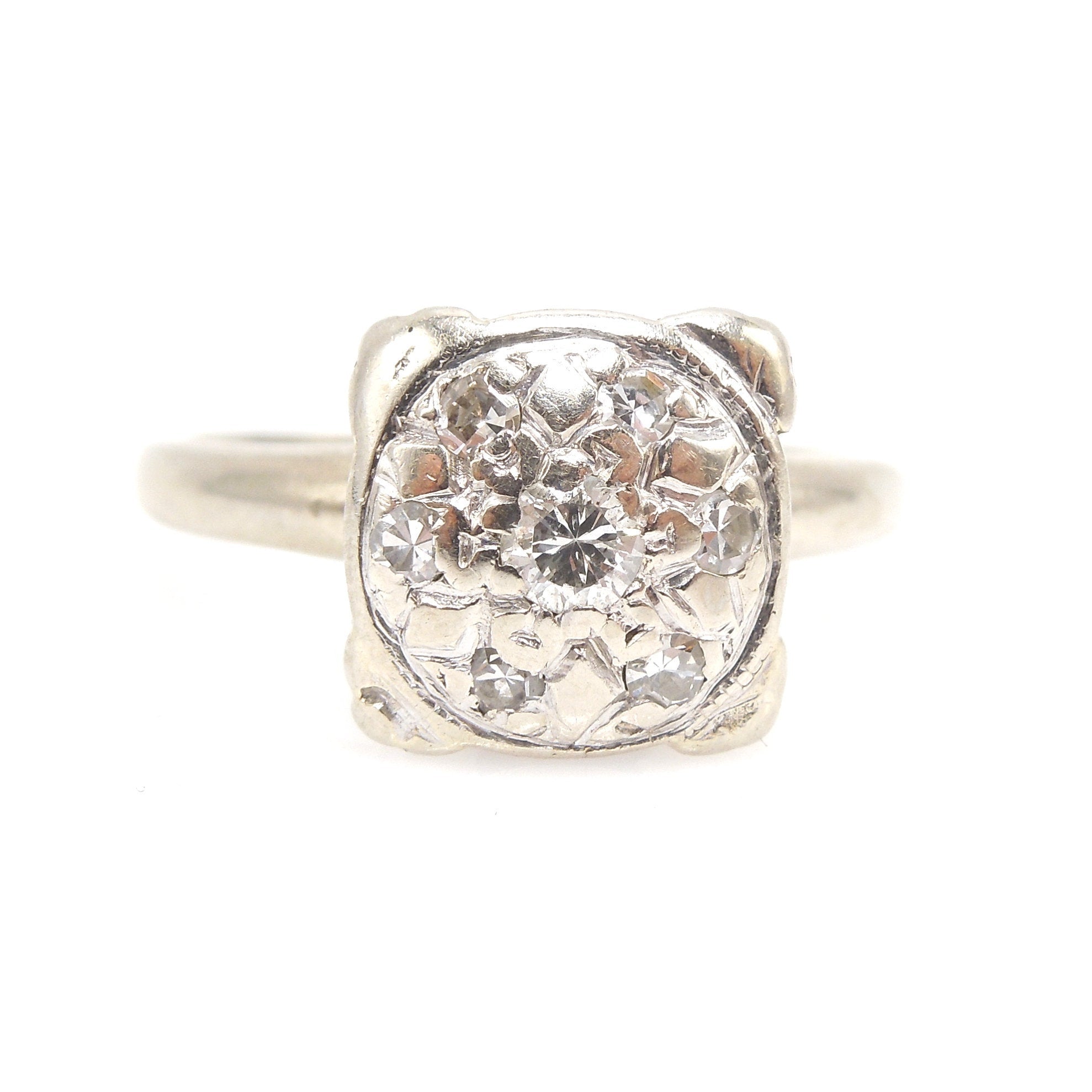 1940s 14K White Gold Diamond Cluster Engagement Ring