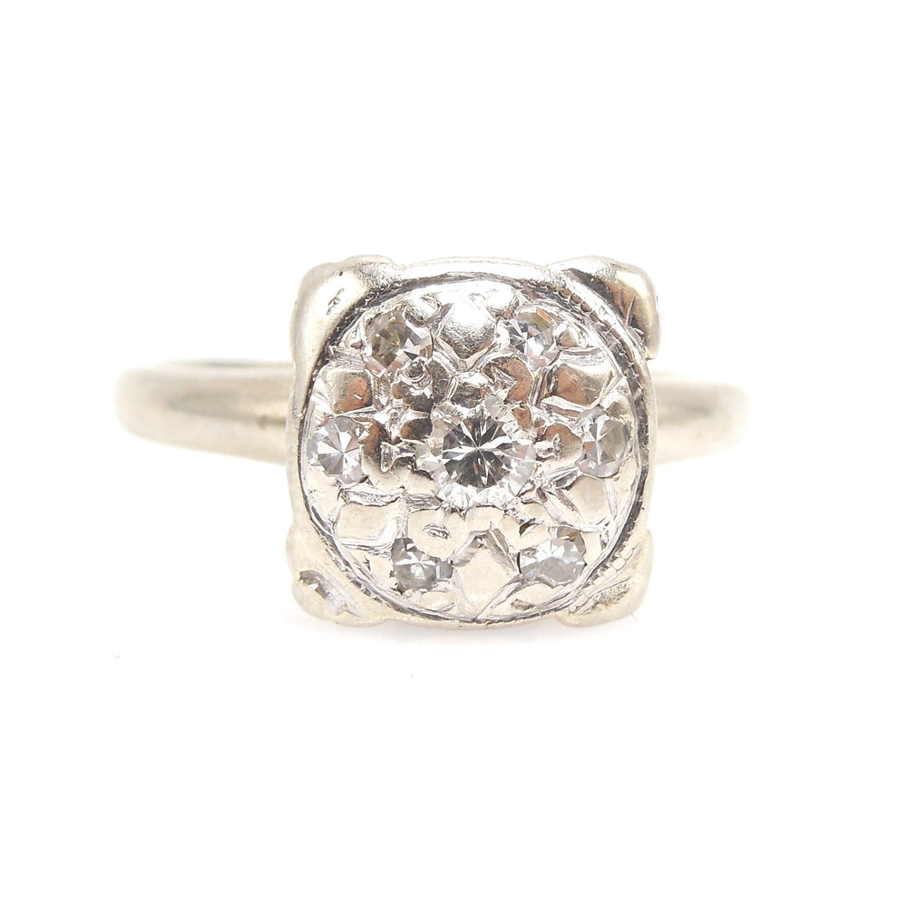 1940s 14K White Gold Diamond Cluster Engagement Ring
