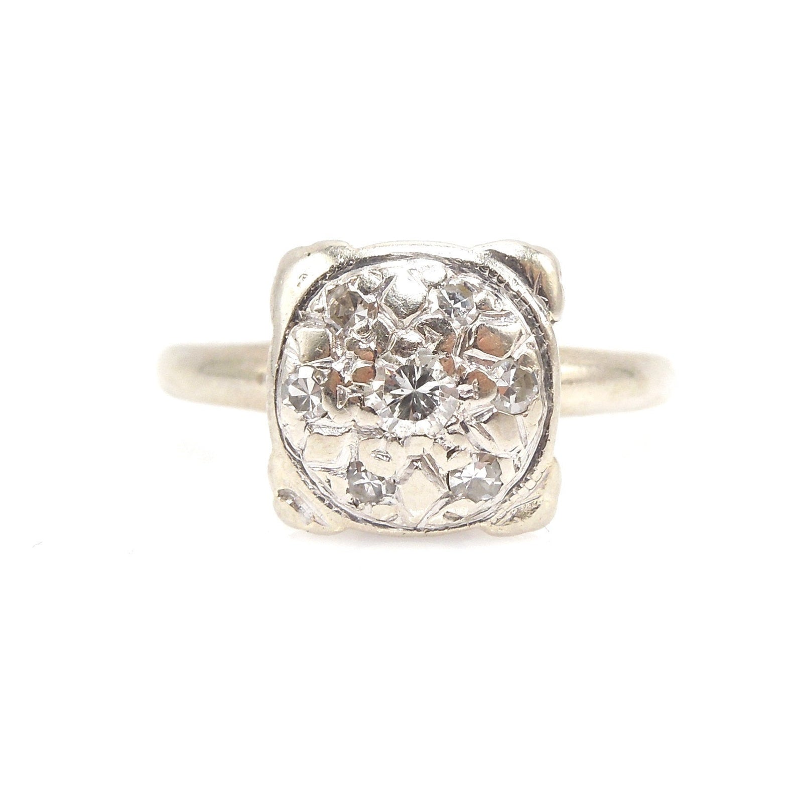 1940s 14K White Gold Diamond Cluster Engagement Ring
