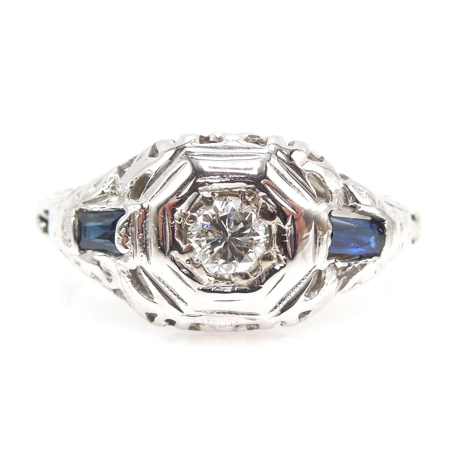 Art Deco Diamond and 18K White Gold Ring with Baguette Sapphire Accents